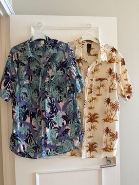 H&M Short Sleeve Button-Up Shirts - Teal/Purple Floral & Cream/Brown Palm sz XL